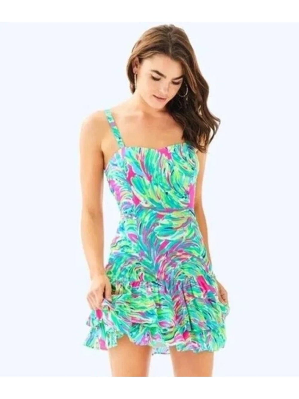 Lilly Pulitzer Pink & Teal Floral Zip Sundress tiered ruffled